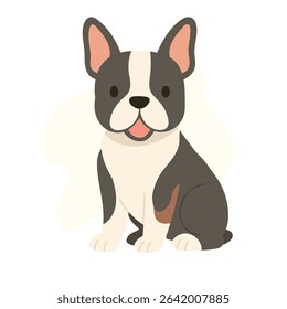 A cheerful Boston Terrier is sitting, displaying its distinctive facial markings and joyful demeanor. This playful dog exudes warmth and friendliness.