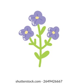 Vetor botânico alegre representando uma flor azul com três botões em plena floração. Elementos florais decorativos criam um humor sazonal romântico e fresco.