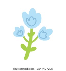 Vetor botânico alegre representando uma flor azul com três botões em plena floração em um fundo branco. Elementos florais decorativos criam um humor romântico.