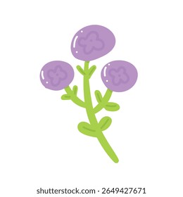 Vetor botânico alegre representando flor roxa com três botões redondos em plena floração sobre fundo branco. Elementos florais decorativos criam um humor romântico.