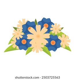 Cheerful bouquet of blue and yellow flowers blooming together