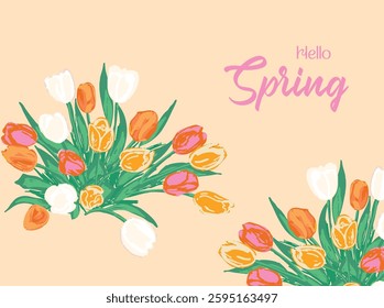 A cheerful bouquet of tulips with "Hello Spring" text, featuring vibrant colors and a hand-drawn style. Ideal for seasonal designs, greeting cards, and decorations.