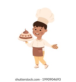 Cheerful Boy in Apron Holding Cake Depicting Chef Profession Vector Illustration