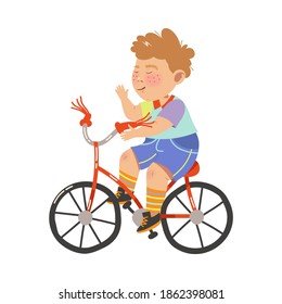 Cheerful Boy Athlete with Freckles Riding Bicycle Vector Illustration