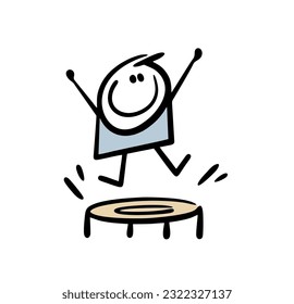 Cheerful boy athlete jumps on a trampoline. Vector illustration of a child on the playground. Hand drawn stick figure character isolated on white background.