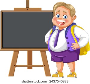 Cheerful boy with backpack standing by chalkboard