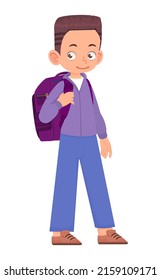 Cheerful boy with bag, active pose, cartoon style flat illustration
