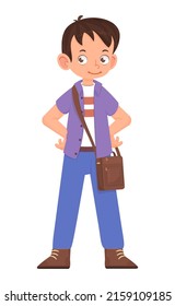 Niño alegre con bolsa, pose activa, dibujo plano tipo caricatura