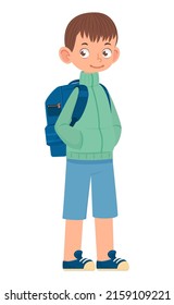 Cheerful boy with bag, active pose, cartoon style flat illustration