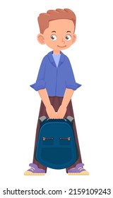 Niño alegre con bolsa, pose activa, dibujo plano tipo caricatura