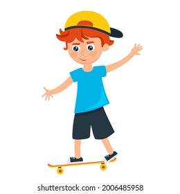 A cheerful boy in a baseball cap on a skateboard in a cartoon style. Vector illustration.