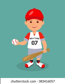 Cheerful boy baseball player with bat and ball. Isolated man character in a red baseball uniform with bat and ball in his hands.