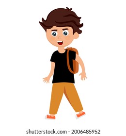 A cheerful boy in a black T-shirt with a backpack in a cartoon style. Vector illustration.