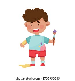Cheerful Boy in Blotted Clothes Carrying Paintbrush and Paint Vector Illustration