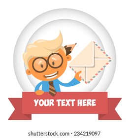 Cheerful boy in blue shirt. Office theme vector illustration