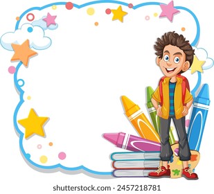 Cheerful boy with books and colorful frame.