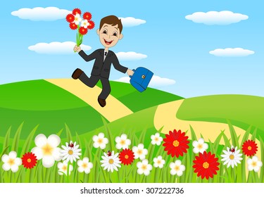 cheerful boy with a bouquet of flowers to run to school,vector illustration