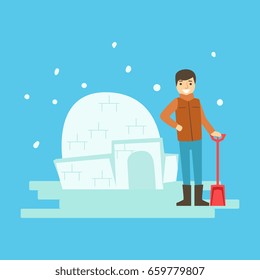 Cheerful boy building a snow castle. Winter activity colorful character vector Illustration