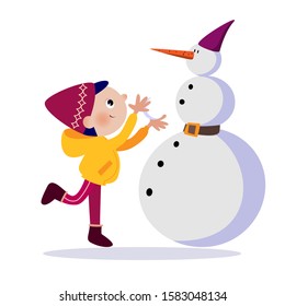 Cheerful boy builds a snowman . Isolated vector color image of a child and a cheerful snowman .
