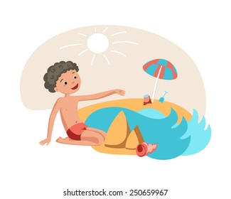 Cheerful boy by the sea.