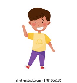 Cheerful Boy Character with Dark Hair Greeting Waving Hand and Saying Hi Vector Illustration