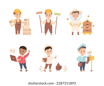 Cheerful Boy Character Depicting Different Profession Vector Set