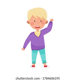 Cheerful Boy Character in Jeans Greeting Waving Hand and Saying Hi Vector Illustration