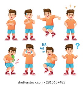 Cheerful boy character showcasing varied expressions, actions and gestures. Vector cartoon character illustration