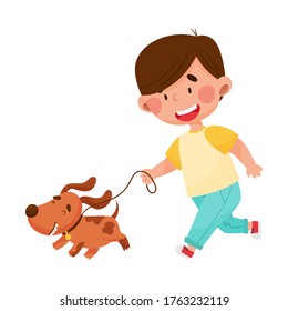 Cheerful Boy Character Walking the Dog Outdoor Vector Illustration
