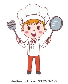 fröhlicher Junge in KochUniform mit Spatula und Pfanne in Händen