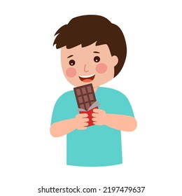 Cheerful boy child eating sweet chocolate in flat design on white background.