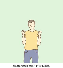 Cheerful boy, crazy emotions of joy. Businessma raised his arms and smiling for joy. Winner. Hand drawn characters, doodle vector  illustrations. 