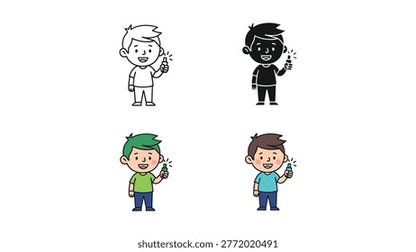 A cheerful boy is depicted in four distinct vector art styles, each holding a lit sparkler. This versatile graphic is ideal for holiday celebrations, festive occasions, and children's themes.