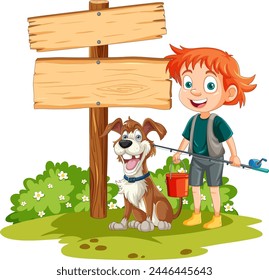 Niño alegre con el perro de pie al lado de la señal.