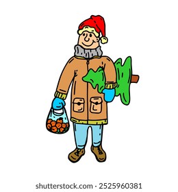 A cheerful boy dressed in warm winter clothes, carrying a Christmas tree and a mandarin package, ready to celebrate the holiday season