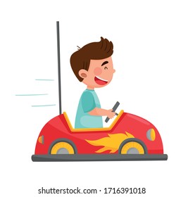 Cheerful Boy Driving Toy Car or Having Fairground Ride Vector Illustration