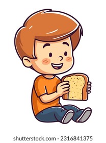 Fröhlicher Junge, der Brot isst, lächelt und spielt Symbol einzeln