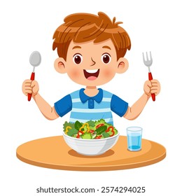 Cheerful boy is eating a salad of fresh vegetables with fork and spoon. The concept of healthy lifestyle. Vector illustration