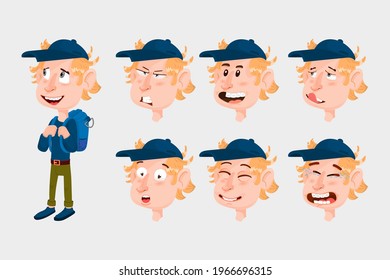 Cheerful boy emotion constructor, cartoon character, flat style.