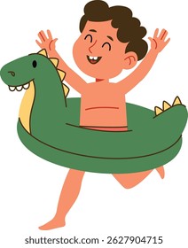 A cheerful boy enjoys a swim with a dinosaur-shaped floatie. The kid's playful energy is captured in a lively cartoon style.