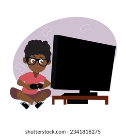 A cheerful boy enthusiastically plays on the console video game.