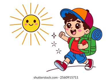 A cheerful boy exploring outdoors. Clipart cartoon.