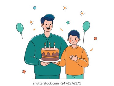 Cheerful  boy with father holding birthday cake at home. Hand drawn style vector design illustrations.