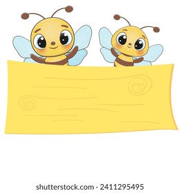 Cheerful boy and girl bees happily wave behind a square banner. Their smiles beckon attention, creating a bright and friendly atmosphere. Perfect for children's projects and advertising! Bee character