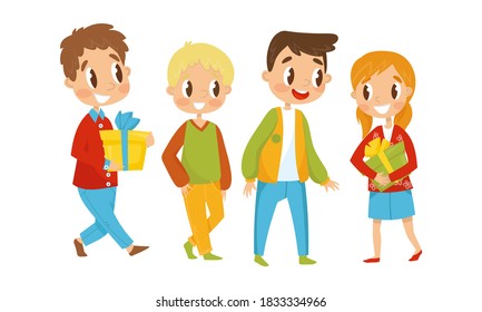 Cheerful Boy and Girl Carrying Gift Box Vector Illustration Set