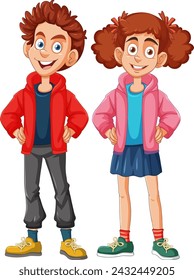Cheerful boy and girl in casual clothes smiling.