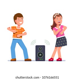 Cheerful boy and girl dance to music sounding from one acoustic loudspeaker. Smiling couple of kids listen and move to loud music. Flat style character vector illustration isolated on white background