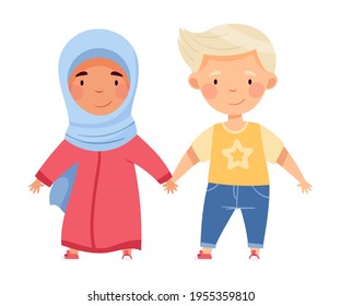 Cheerful Boy and Girl of Diverse Nationality Holding Hands and Smiling Vector Illustration