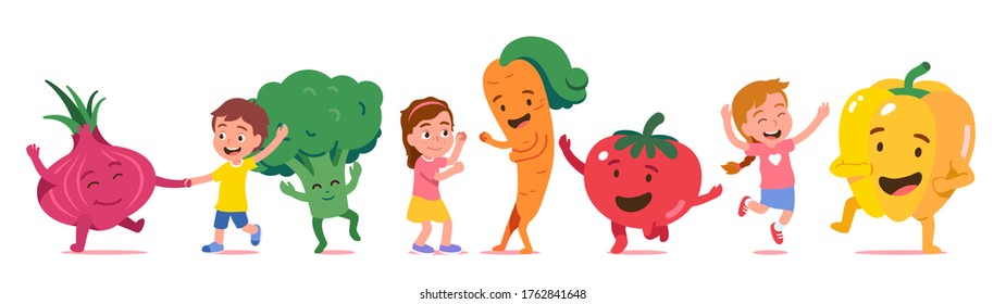 Cheerful boy, girl kids & animated vegetables cartoon characters dance together. Happy children & fresh organic vegetable having fun. Healthy food funny concept flat vector illustration