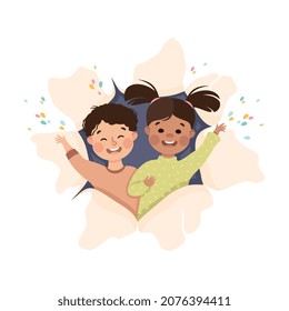 Cheerful Boy and Girl Looking Through Torn Paper Hole with Confetti Explosion and Waving Hand Vector Illustration